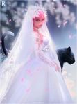  bare_shoulders black_panther blue_eyes breasts bridal_veil bride cat cherry_blossoms choker dress feet_out_of_frame flower lace lips looking_at_viewer original panther petals pink_hair ross_tran sideboob snow standing veil wedding_dress white_dress 