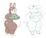  2017 3_toes animal_crossing anthro avian barefoot beak belly big_belly big_breasts big_butt biped bird blush blush_sticker bottomless breasts brown_body brown_hair butt carmen_(animal_crossing) celia_(animal_crossing) clothed clothing colored_sketch countershade_face countershade_torso countershading crop_top deep_navel digital_drawing_(artwork) digital_media_(artwork) dot_eyes duo feathered_wings feathers featureless_crotch featureless_feet female front_view full-length_portrait fupa gloves_(marking) green_and_white green_clothing guide_lines hair hand_on_hip huge_butt hyper hyper_belly lagomorph looking_at_viewer looking_away mammal markings monochrome multiple_images navel nintendo nipples noctoon non-mammal_breasts obese obese_female overweight overweight_female partially_clothed plaid portrait presenting presenting_breasts rabbit raised_shirt shirt short_hair short_tail shortstack side_boob side_view simple_background sketch smile socks_(marking) standing tail_feathers thick_thighs toes tooth_gap two_tone_body video_games white_background white_body white_countershading white_tail winged_arms wings 