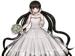  alternate_costume bare_shoulders black_hair blush bouquet danganronpa dress flower hair_ornament hair_scrunchie hairclip harukawa_maki holding holding_bouquet jewelry kurokku-tokei long_hair looking_at_viewer mole mole_under_eye new_danganronpa_v3 official_style red_eyes ring scrunchie simple_background smile solo twintails very_long_hair wedding_dress wedding_ring white_background white_scrunchie 