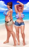  armpits arms_behind_back arms_up barefoot beach bikini_top blue_eyes breasts brown_hair dead_or_alive hair_ornament headband hitomi_(doa) honoka_(doa) huge_breasts kyle_(kairunoburogu) looking_at_viewer midriff navel pink_hair ponytail red_eyes sea shorts tied_hair 