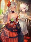  2girls black_gloves breasts cocktail dress fate/grand_order fate_(series) flower formal glass gloves hair_flower hair_ornament lack large_breasts lavendar_hair mash_kyrielight multiple_girls olga_marie_animusphere strapless strapless_dress white_gloves white_hair 