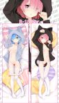  animal_hood bed_sheet between_legs blue_eyes blue_hair blush breasts cat_hood cat_tail censored closed_mouth dakimakura eyebrows_visible_through_hair eyes_visible_through_hair hair_over_one_eye heart heart_censor highres hood horizontal_stripes long_sleeves looking_at_viewer lying medium_breasts menggongfang multiple_girls navel nipples on_back open_clothes pillow pink_eyes pink_hair ram_(re:zero) re:zero_kara_hajimeru_isekai_seikatsu rem_(re:zero) short_hair siblings sisters star striped tail tail_between_legs thighhighs white_legwear 