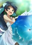  :d absurdres aqua_eyes bangs black_hair blue_umbrella bow collarbone commentary_request covered_nipples day dress earrings fang floating_hair ganaha_hibiki hair_bow happy highres holding holding_umbrella idolmaster idolmaster_(classic) jewelry light_blush long_hair open_mouth outdoors see-through shiny shiny_hair sleeveless sleeveless_dress smile solo sparkle standing sundress swept_bangs tokiani umbrella very_long_hair wet wet_clothes wet_dress white_bow white_dress 