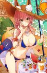  :o absurdres animal_ear_fluff animal_ears armlet banana bare_shoulders bikini blue_bikini breasts brown_eyes cleavage cocktail_glass collarbone commentary covered_nipples cup drinking_glass drinking_straw ears_through_headwear eyebrows_visible_through_hair fate/grand_order fate_(series) fingernails food fox_ears fox_tail fruit groin hat highres ice ice_cream ice_cube innertube jewelry large_breasts leaf lemon long_hair looking_at_viewer navel necklace ocean osanai pink_hair pitcher plate popsicle side-tie_bikini solo spoon starfish straw_hat strawberry swimsuit table tail tamamo_(fate)_(all) tamamo_no_mae_(swimsuit_lancer)_(fate) water water_drop watermelon wet 