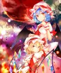  ascot bat_wings blonde_hair blue_hair blush bow brooch commentary_request crystal dress flandre_scarlet frilled_shirt_collar frills hair_between_eyes hand_on_another's_head hand_up hat hat_ribbon highres hug jewelry light_particles looking_at_viewer looking_back mob_cap moon multiple_girls pink_hat puffy_short_sleeves puffy_sleeves red_eyes red_moon red_neckwear red_ribbon red_vest remilia_scarlet ribbon sakusyo short_hair short_sleeves siblings sisters sky star_(sky) starry_sky touhou upper_body vest white_bow white_dress white_hat wings wrist_cuffs yellow_neckwear 