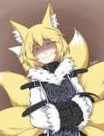  animal_ear_fluff animal_ears arm_belt bangs big_mouth blonde_hair bound breasts brown_background buckle commentary commission disconnected_mouth dress english_commentary evil_smile eyebrows_visible_through_hair fox_ears fox_girl fox_tail fur_collar furrowed_eyebrows highres koumajou_densetsu koumajou_densetsu_2 long_sleeves looking_at_viewer multiple_tails narrowed_eyes paran01d shaded_face short_hair signature simple_background sketch_eyebrows smile solo squinting straitjacket tabard tail touhou upper_body white_dress white_fur yakumo_ran yellow_eyes yellow_fur 