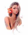  artist_name bare_shoulders bikini blonde_hair bra breasts brown_hair cleavage flower grey_eyes hair_flower hair_ornament hair_over_one_eye lips looking_at_viewer original ross_tran smile summer swimsuit tattoo tropical underwear upper_body white_background 