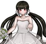  alternate_costume bare_shoulders black_hair blush bouquet danganronpa dress flower hair_ornament hair_scrunchie hairclip harukawa_maki highres holding holding_bouquet jewelry kurokku-tokei long_hair looking_at_viewer mole mole_under_eye new_danganronpa_v3 official_style red_eyes ring scrunchie simple_background smile solo twintails very_long_hair wedding_dress wedding_ring white_background white_scrunchie 
