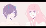  1girl bangs black_hair blue_eyes blue_horns commentary_request couple darling_in_the_franxx eyebrows_visible_through_hair green_eyes hetero hiro_(darling_in_the_franxx) horns letterboxed long_hair looking_at_another mukkun696 oni_horns open_mouth pink_hair red_horns shirtless zero_two_(darling_in_the_franxx) 