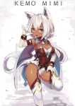  :d animal_ears bangs bare_shoulders blush bow bowtie breasts cat_ears cat_tail cleavage dark_skin detached_collar elbow_gloves fang garter_straps gloves hair_between_eyes highres large_breasts leotard long_hair looking_at_viewer low_ponytail natori_youkai open_mouth original ponytail red_bow red_eyes red_neckwear silver_hair smile solo strapless strapless_leotard tail thighhighs thighs white_gloves white_legwear wrist_cuffs 