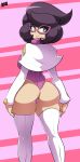  1girl ass big_hair bigdead93 breasts from_behind glasses green_eyes leotard long_sleeves looking_back medium_breasts pink-framed_eyewear pink_background pink_leotard pokemon pokemon_sm purple_hair short_hair simple_background smile solo thigh_boots thighs turtleneck wicke_(pokemon) 