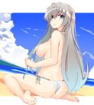  anastasia_(fate/grand_order) ass bad_feet bare_legs beach bikini blue_eyes blush breasts brown_hairband cloud commentary day fate/grand_order fate_(series) hairband long_hair looking_at_viewer medium_breasts ocean open_mouth shunichi silver_hair sitting sky solo swimsuit untied untied_bikini wariza white_bikini 