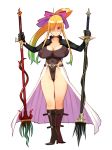  ahoge black_footwear blonde_hair boots breasts cameltoe cleavage covered_nipples dual_wielding full_body gradient_hair green_hair hair_over_one_eye hair_ribbon high_heels high_ponytail highleg highleg_leotard holding holding_weapon huge_breasts leotard looking_at_viewer multicolored_hair nipples purple_eyes ribbon ryoji_(nomura_ryouji) see-through sidelocks solo standing transparent_background weapon 