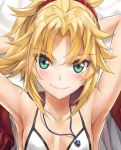 aqua_eyes armpits arms_up bikini_top blonde_hair blush breasts closed_mouth collarbone commentary_request fate/grand_order fate_(series) highres jewelry looking_at_viewer messy_hair mordred_(fate)_(all) necklace ponytail sidelocks small_breasts smile solo tonee upper_body white_bikini_top 