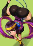  1girl artist_request ass bike_shorts breasts cameltoe capcom dark_skin egyptian fingerless_gloves gloves green_eyes large_breasts looking_at_viewer menat purple_hair shiny shiny_clothes shiny_hair shiny_skin short_hair smile solo street_fighter street_fighter_v thighhighs 