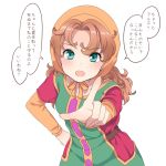  bangs blue_eyes blush brown_hair collarbone dragon_quest dragon_quest_vii dress eyebrows_visible_through_hair fujimura_hinami hair_between_eyes hair_intakes hand_on_hip highres hood index_finger_raised long_hair long_sleeves looking_at_viewer maribel_(dq7) open_mouth simple_background solo speech_bubble translation_request wavy_hair white_background 
