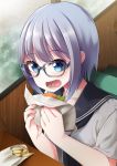  blue_eyes eating eyebrows_visible_through_hair food french_fries glasses grey_hair hamburger highres holding holding_food indoors nekobaka open_mouth original school_uniform serafuku solo table upper_body 