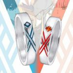  1girl bangs blue_eyes commentary couple darling_in_the_franxx english_commentary green_eyes hetero hiro_(darling_in_the_franxx) jewelry jpeg_artifacts looking_at_viewer lowres mecha meokiome merchandise ring strelizia wedding_ring zero_two_(darling_in_the_franxx) 