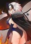  absurdres arched_back ass backlighting bangs banner black_cape black_legwear breasts cape competition_swimsuit eyebrows_visible_through_hair fate/grand_order fate_(series) fire from_side fur_trim grin headpiece highres holding holding_sword holding_weapon jeanne_d'arc_(alter)_(fate) jeanne_d'arc_(fate)_(all) large_breasts looking_at_viewer looking_back m_kong one-piece_swimsuit short_hair sideboob silver_hair smile solo swimsuit sword thighhighs thighs weapon yellow_eyes 