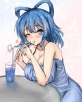  amagi_(amagi626) bare_arms bare_shoulders blue_background blue_dress blue_eyes blue_hair blush breasts chemise cleavage collarbone commentary_request cup dress drinking drinking_glass drinking_straw eyebrows_visible_through_hair gradient gradient_background hair_between_eyes hair_rings hands_up heart highres kaku_seiga large_breasts looking_at_viewer one_eye_closed pink_background short_hair solo spaghetti_strap sparkle table touhou upper_body 