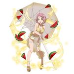  :d bangs breasts cleavage collarbone food fruit full_body hair_ornament hairclip hand_on_lap jewelry leaning_forward lisbeth lisbeth_(sao-alo) looking_at_viewer medium_breasts navel necklace official_art open_mouth parasol parted_bangs pink_eyes pink_hair pointy_ears sarong short_hair simple_background smile solo standing sword_art_online sword_art_online:_code_register thigh_strap umbrella watermelon white_background yellow_bikini_top 