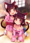  all_fours animal_ears black_hair cat_ears cat_tail eyebrows_visible_through_hair fang indoors japanese_clothes kimono kneeling lillithlauda long_hair looking_at_viewer multiple_girls off_shoulder open_mouth original red_eyes siblings smile tail twins 