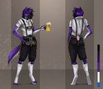  2017 alcohol beer beverage blue_eyes clothing collar color_swatch eliana-asato fur male model_sheet multicolored_fur purple_fur shepherd simple_background solo standing 