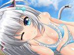  ;3 animal_ears aqua_bikini aqua_eyes bikini blue_sky breasts cat_ears cat_girl cat_tail centurion_rxr claxton_(zhan_jian_shao_nyu) cleavage cloud cloudy_sky commentary_request day frilled_bikini frills grey_hair hair_ornament large_breasts long_hair looking_at_viewer lying navel on_side one_eye_closed outdoors sand sky solo swimsuit tail x_hair_ornament zhan_jian_shao_nyu 