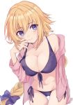  absurdres akym ass_visible_through_thighs bikini blonde_hair bow braid breasts fate/apocrypha fate/grand_order fate_(series) front-tie_top hair_bow highres jacket jeanne_d'arc_(fate) jeanne_d'arc_(fate)_(all) leaning_forward long_braid long_hair looking_at_viewer lowleg lowleg_bikini pink_jacket purple_bikini purple_bow purple_eyes side-tie_bikini simple_background single_braid solo swimsuit thigh_gap very_long_hair white_background 