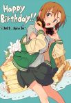  :o brown_hair dated feet_out_of_frame flower food green_eyes happy_birthday headphones headphones_around_neck idolmaster idolmaster_cinderella_girls jacket letterman_jacket lily_(flower) off_shoulder open_clothes open_jacket open_mouth shirt short_hair skirt solo syouyumochi33 t-shirt tada_riina toast 