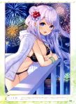  :d absurdres aerial_fireworks artist_name bangle bekotarou bikini black_bikini blue_eyes bracelet city_lights dengeki_moeou eyebrows_visible_through_hair eyes_visible_through_hair fireworks flower framed_image green_bracelet hair_flower hair_ornament highres jewelry lavender_hair leaning long_hair looking_at_viewer magazine_scan nail_polish night open_mouth original outdoors page_number pink_lips pink_nails purple_flower red_flower reflection scan see-through shirt shirt_on_shoulders side_bun skindentation smile solo strap_gap swimsuit tongue translation_request water white_shirt x_hair_ornament 