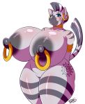  2018 anthro anthrofied areola big_breasts blue_eyes breasts cutie_mark digital_media_(artwork) ear_piercing equine female friendship_is_magic hair hands_behind_back hi_res huge_breasts looking_at_viewer mammal multicolored_hair my_little_pony nipple_piercing nipples nude piercing pussy ryousakai signature simple_background smile solo thick_thighs two_tone_hair white_background zebra zecora_(mlp) 