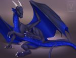  2018 4_toes black_pawpads black_scales black_skin blue_eyes blue_scales blue_skin brown_background claws curved_horn digital_media_(artwork) dragon eyelashes female feral front_view horn looking_at_viewer lying membranous_wings minerea on_side pawpads pinkdragonlove quadruped scales scalie sharp_claws simple_background smile smooth_horn solo spread_legs spread_wings spreading toe_claws toes valiamoonseer watermark western_dragon white_claws white_horn wings 