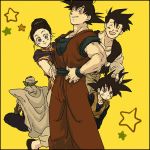  4boys ^_^ black_border black_hair blush_stickers border brothers cape chi-chi_(dragon_ball) closed_eyes couple crossed_legs dougi dragon_ball dragon_ball_z earrings eyebrows_visible_through_hair facing_away family father_and_son fingernails floating hand_on_another's_head hand_on_hip happy hetero jewelry looking_at_viewer lowres mother_and_son multiple_boys nitako open_mouth piccolo pointy_ears short_hair siblings simple_background smile son_gohan son_gokuu son_goten spiked_hair standing star tied_hair turban wristband yellow_background 