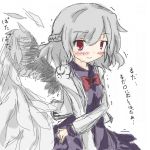 1girl blush bow bowtie braid dress eyebrows_visible_through_hair female french_braid grey_hair have_to_pee jacket japanese_text jirene kishin_sagume long_sleeves purple_dress red_bow red_eyes red_neckwear short_hair simple_background solo standing sweat talking text_focus tied_hair touhou translation_request trembling white_background white_jacket wings 