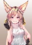  :&gt; absurdres animal_ears bangs bare_arms bare_shoulders blonde_hair braid breasts closed_mouth commentary_request crown_braid erune eyebrows_visible_through_hair eyelashes eyes_visible_through_hair granblue_fantasy grey_background hand_on_hip hand_up highres large_breasts long_hair looking_at_viewer parted_bangs red_eyes ribbed_sweater silver_(suwakosuwako) simple_background sleeveless slit_pupils smile solo sweater turtleneck turtleneck_sweater upper_body v-shaped_eyebrows white_sweater yuisis_(granblue_fantasy) 