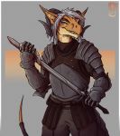  ambiguous_gender anthro armor blue_eyes curved_horn dragon ear_piercing hair holding_object holding_weapon lolzguy melee_weapon piercing simple_background smile solo standing sword teeth weapon 