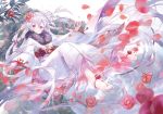  absurdly_long_hair barefoot blush camellia day feet floral_print flower full_body hair_flower hair_ornament ibara_riato japanese_clothes jewelry kimono long_hair obi original outdoors petals purple_eyes red_flower ripples sash silver_hair solo toe_ring toes very_long_hair white_kimono white_sky wide_sleeves 