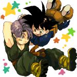  :d arms_up black_hair blush_stickers boots dougi dragon_ball dragon_ball_z expressionless floating grey_eyes hair_over_one_eye happy long_sleeves looking_at_another lowres male_focus multiple_boys nitako open_mouth purple_eyes purple_hair short_hair simple_background sleeveless smile son_goten spiked_hair star trunks_(dragon_ball) white_background wide-eyed 