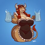  2018 anthro apron big_breasts blazbaros bovine breasts cattle cleavage clothed clothing eyes_closed female gradient_background hair headdress holding_object horn long_hair maid_headdress mammal milk naked_apron open_mouth red_hair simple_background smile solo thick_thighs tongue voluptuous 