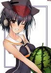  asymmetrical_hair bangs bare_shoulders black_hair blush breasts brown_eyes collarbone commentary eyebrows_visible_through_hair food framed_breasts fruit hair_between_eyes hat headphones highres holding holding_food holding_fruit i-14_(kantai_collection) kantai_collection looking_at_viewer neckerchief one-piece_swimsuit one_eye_closed parted_lips sailor_collar sazamiso_rx school_swimsuit short_hair sidelocks signature smile swimsuit upper_body watermelon 
