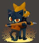  0 4_fingers animated anthro baseball_bat boots canine cat clothed clothing cute digital_media_(artwork) duo dyed_fur fangs feline female footwear fully_clothed fur gregg_(nitw) hair humanoid_hands hybrid jacket knife looking_at_viewer mae_(nitw) mammal melee_weapon night_in_the_woods notched_ear null_symbol pants sharp_teeth shirt shorts simple_background smile t-shirt tape teeth thedragenda video_games weapon whiskers 