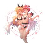  :o ahoge angel_wings arm_around_waist ass_visible_through_thighs bangs black_bra black_panties blonde_hair blush bow bow_bra bra breasts choker cleavage demon_tail demon_wings double_bun feathered_wings flower frilled frilled_bra frills hair_bow hair_flower hair_ornament heart heart_tail highres long_hair looking_at_viewer medium_breasts momingie multiple_girls navel open_mouth orange_hair orbit original panties pantyshot petals pleated_skirt purple_hair red_eyes red_hair shiny shiny_hair short_hair sidelocks simple_background skirt skirt_lift smile standing swimsuit tail thigh_gap underwear white_background white_bra white_skirt white_wings wings 