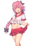  :d astolfo_(fate) bangs black_bow black_ribbon blush bow braid collarbone erection erection_under_clothes eyebrows_visible_through_hair fang fate/apocrypha fate/grand_order fate_(series) floating_hair groin hair_between_eyes hair_bow hair_intakes hair_ribbon hand_on_hip head_tilt highres lelick long_hair looking_at_viewer male_focus midriff miniskirt multicolored_hair navel neckerchief open_mouth otoko_no_ko pink_hair pink_neckwear pleated_skirt purple_eyes red_sailor_collar red_skirt ribbon sailor_collar school_uniform serafuku shiny shiny_hair shiny_skin short_sleeves sidelocks simple_background single_braid skirt skirt_hold smile solo standing stomach streaked_hair very_long_hair white_background white_hair 