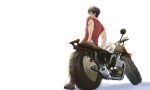  akira1182 black_hair brown_footwear full_body ground_vehicle joe_(megalo_box) male_focus megalo_box motor_vehicle motorcycle on_motorcycle red_shirt scar shirt simple_background solo standing white_background 