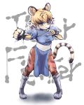  animal_ears boots bracelet china_dress chinese_clothes chun-li chun-li_(cosplay) commentary_request cosplay dress highres jewelry kemono_friends kotobukkii_(yt_lvlv) multicolored_hair pantyhose pelvic_curtain puffy_sleeves sash short_hair solo spiked_bracelet spikes street_fighter tail tiger_(kemono_friends) tiger_ears 
