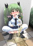  1girl blush green_hair homare_(suzu_no_oka) open_mouth peeing puddle pussy solo squatting twintails 
