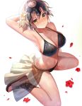  arched_back arm_behind_head arm_up armpits bangs bare_arms bare_legs bare_shoulders bikini black_bikini blonde_hair blush breasts cleavage closed_mouth collarbone commentary_request eyebrows_visible_through_hair fate/grand_order fate_(series) flower from_above full_body hair_between_eyes hair_flower hair_ornament headpiece hibiscus highres jeanne_d'arc_(alter)_(fate) jeanne_d'arc_(fate)_(all) large_breasts looking_at_viewer navel nayuta_(una) petals red_flower sandals sarong see-through shiny shiny_skin short_hair sidelocks simple_background sitting skirt smile smug solo stomach swimsuit wariza water_drop wet white_background white_flower white_skirt yellow_eyes 