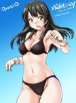  artist_name bikini black_bikini black_hair blue_background breasts character_name cowboy_shot dated gloves gradient gradient_background grey_eyes hair_ornament hairclip kantai_collection long_hair looking_at_viewer medium_breasts navel open_mouth oyashio_(kantai_collection) solo swimsuit tatsumi_ray twitter_username white_gloves 