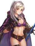  belt bikini breasts cleavage female_my_unit_(fire_emblem:_kakusei) fire_emblem fire_emblem:_kakusei fire_emblem_heroes gem hair_ornament highres holding holding_spear holding_weapon jewelry kamu_(kamuuei) looking_at_viewer medium_breasts my_unit_(fire_emblem:_kakusei) navel necklace parted_lips polearm robe simple_background solo spear swimsuit thigh_strap thighs twintails weapon white_hair yellow_eyes 